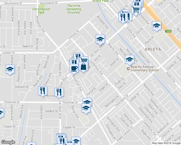 map of restaurants, bars, coffee shops, grocery stores, and more near 14318 Carl Street in Los Angeles