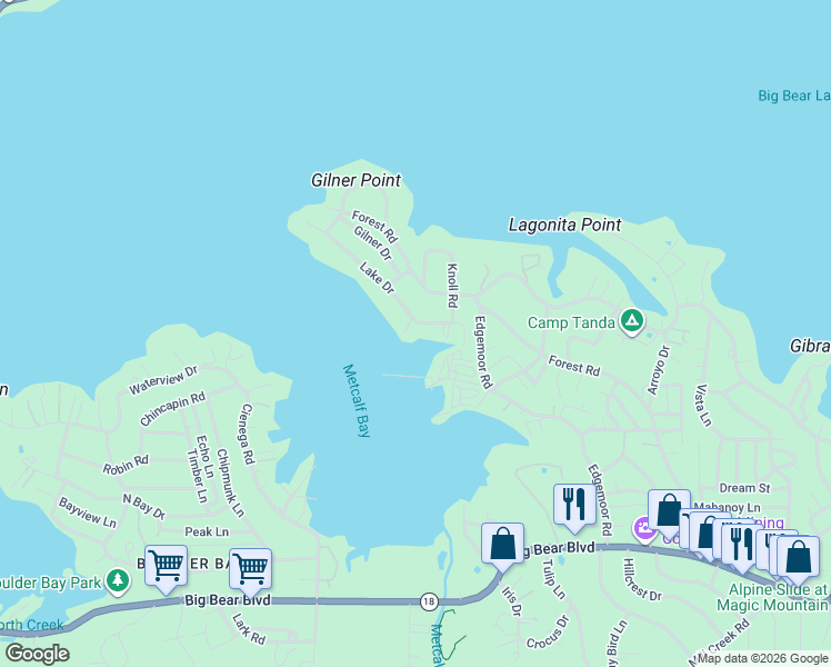 map of restaurants, bars, coffee shops, grocery stores, and more near 39615 Lake Drive in Big Bear Lake
