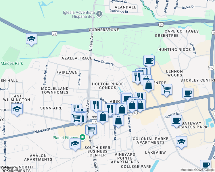 map of restaurants, bars, coffee shops, grocery stores, and more near 4607 McClelland Drive in Wilmington