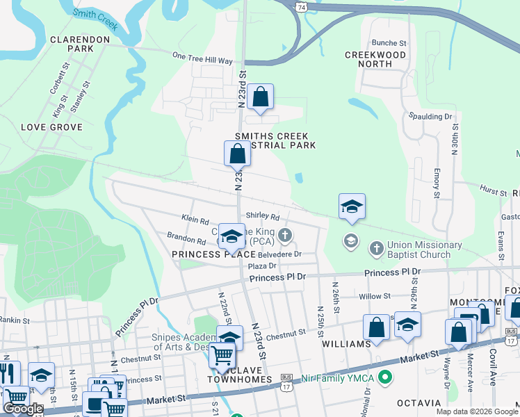 map of restaurants, bars, coffee shops, grocery stores, and more near 523 Thomas Avenue in Wilmington