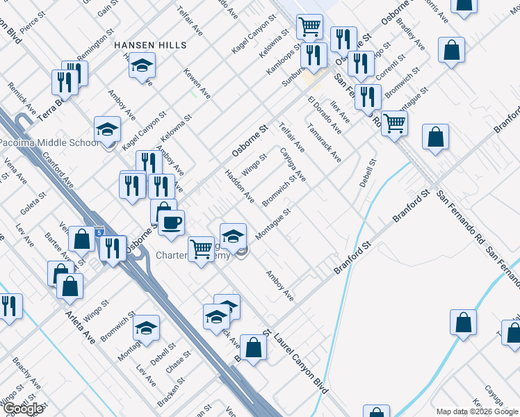 map of restaurants, bars, coffee shops, grocery stores, and more near Bromwich Street in Los Angeles