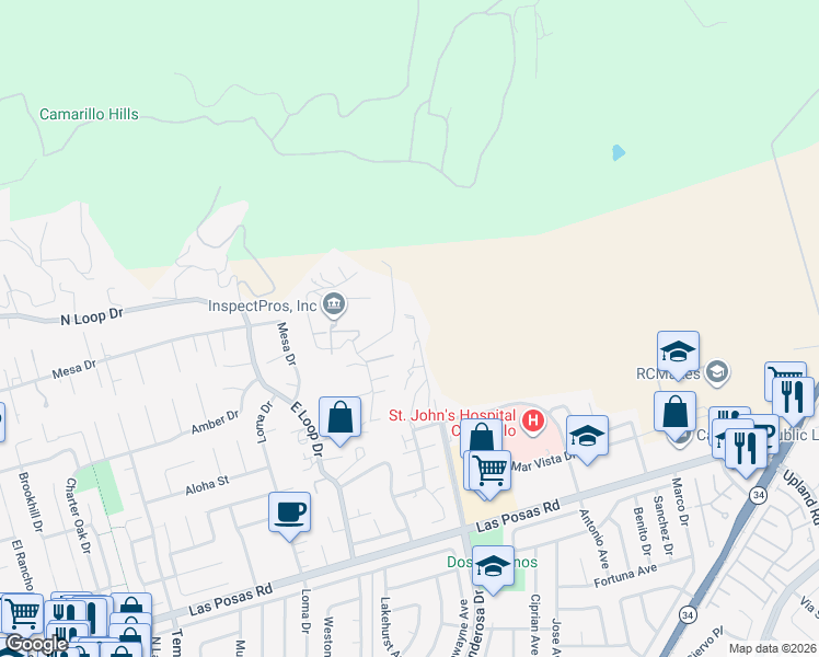 map of restaurants, bars, coffee shops, grocery stores, and more near 2913 Antonio Drive in Camarillo