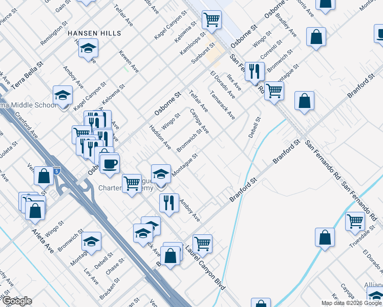 map of restaurants, bars, coffee shops, grocery stores, and more near 12865 Montague Street in Los Angeles