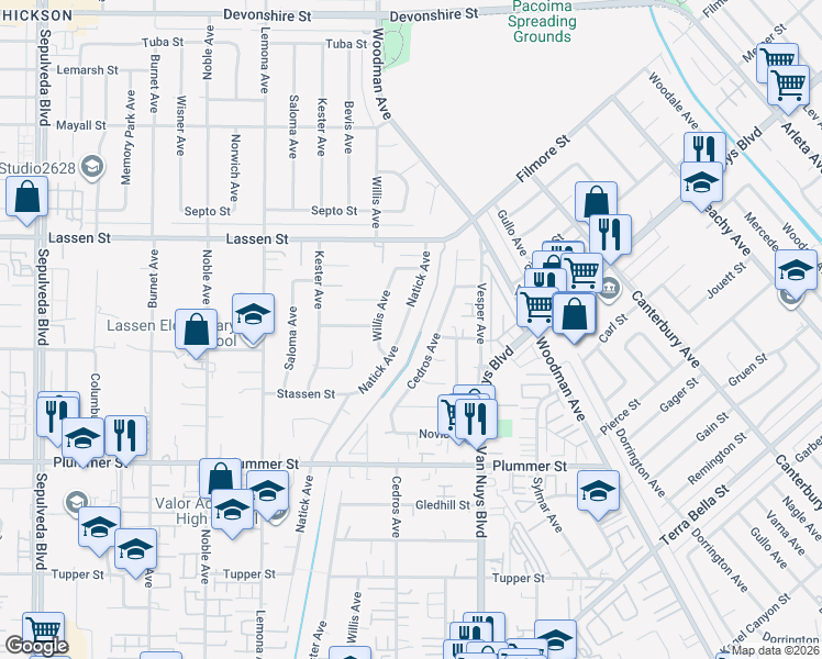 map of restaurants, bars, coffee shops, grocery stores, and more near 9716 Natick Avenue in Los Angeles