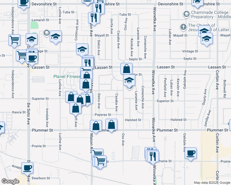 map of restaurants, bars, coffee shops, grocery stores, and more near 20330 Superior Street in Los Angeles