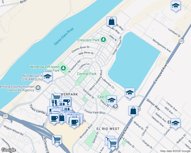 map of restaurants, bars, coffee shops, grocery stores, and more near 3157 Moss Landing Boulevard in Oxnard