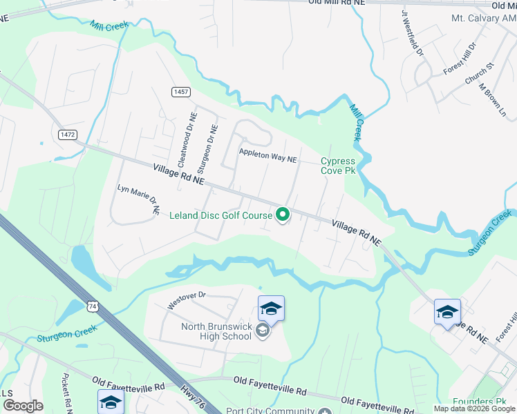 map of restaurants, bars, coffee shops, grocery stores, and more near 927 Village Road Northeast in Leland