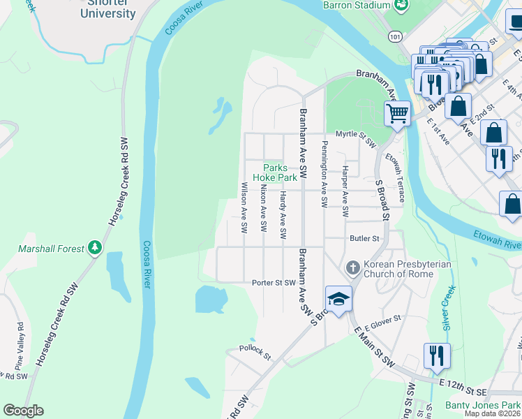 map of restaurants, bars, coffee shops, grocery stores, and more near 401 Nixon Avenue Southwest in Rome