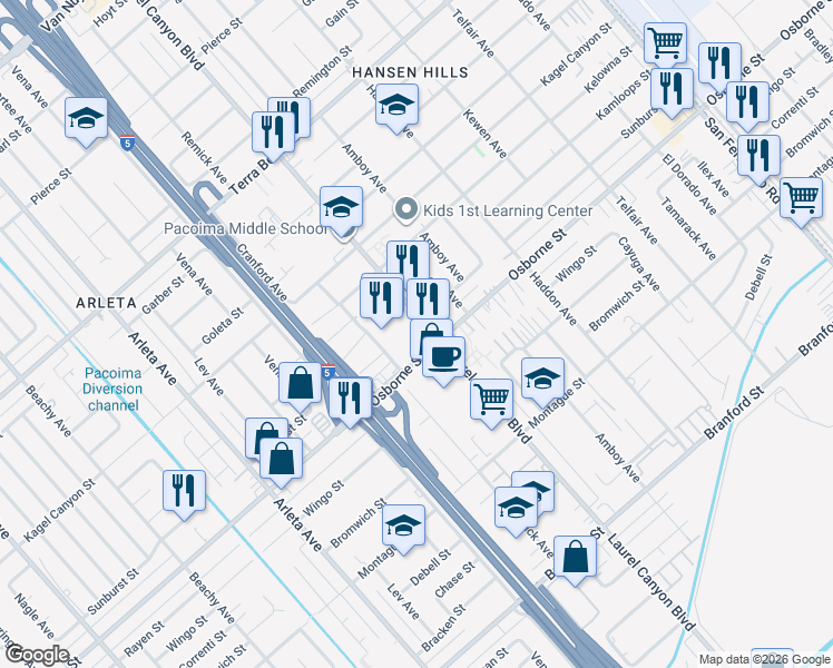 map of restaurants, bars, coffee shops, grocery stores, and more near 9771 Laurel Canyon Boulevard in Los Angeles