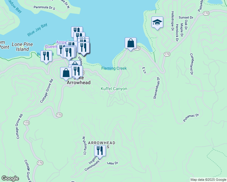 map of restaurants, bars, coffee shops, grocery stores, and more near 351 Garden Drive in Lake Arrowhead