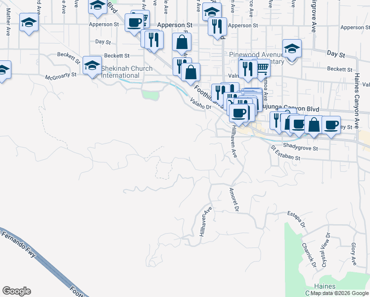 map of restaurants, bars, coffee shops, grocery stores, and more near 9741 North Estaban Way in Los Angeles