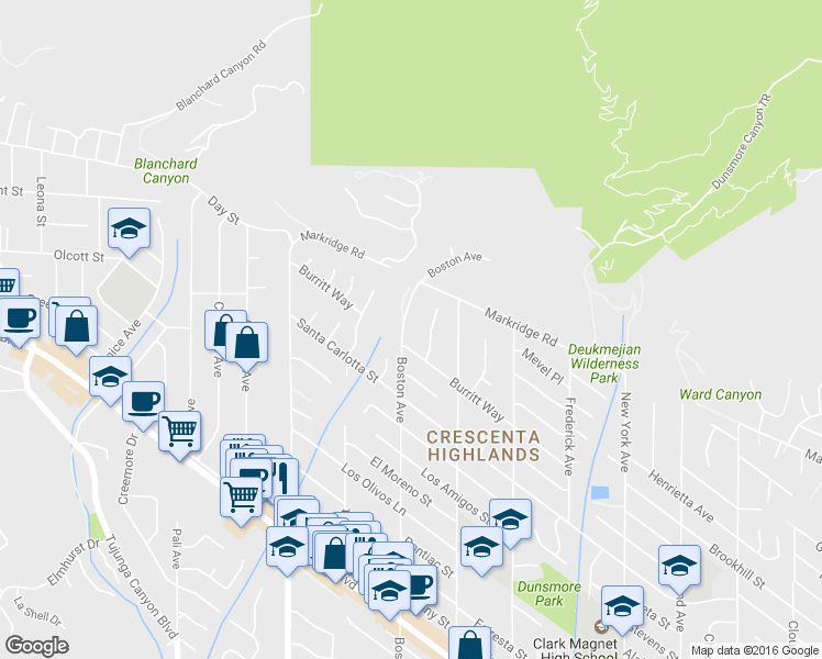 map of restaurants, bars, coffee shops, grocery stores, and more near in La Crescenta-Montrose