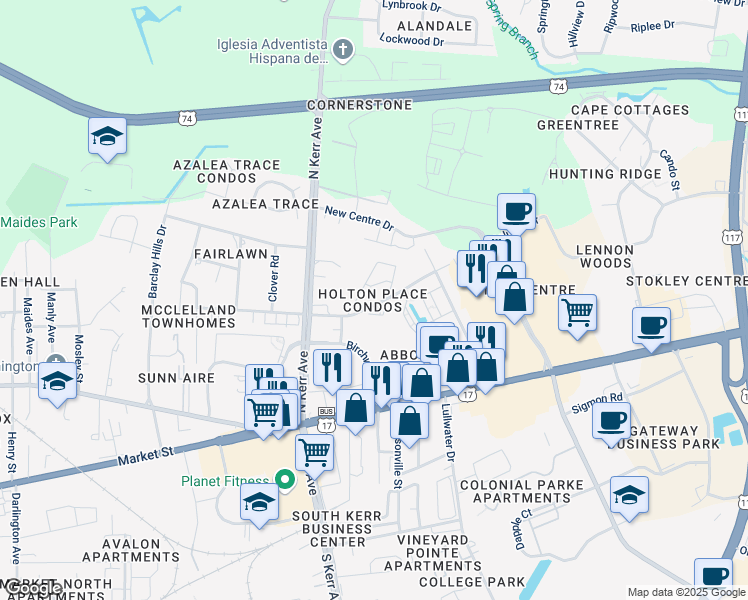 map of restaurants, bars, coffee shops, grocery stores, and more near 4610 McClelland Drive in Wilmington