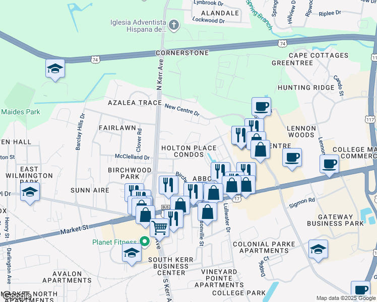 map of restaurants, bars, coffee shops, grocery stores, and more near 4610 McClelland Drive in Wilmington