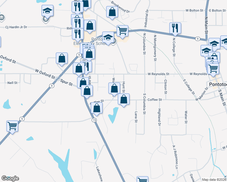 map of restaurants, bars, coffee shops, grocery stores, and more near 274 Coffee Street in Pontotoc