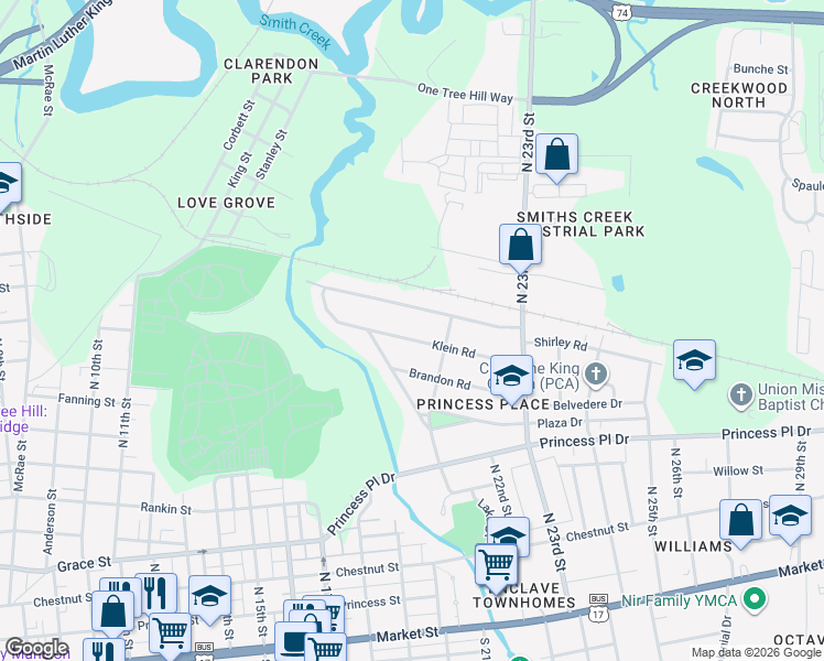map of restaurants, bars, coffee shops, grocery stores, and more near 2114 Klein Road in Wilmington