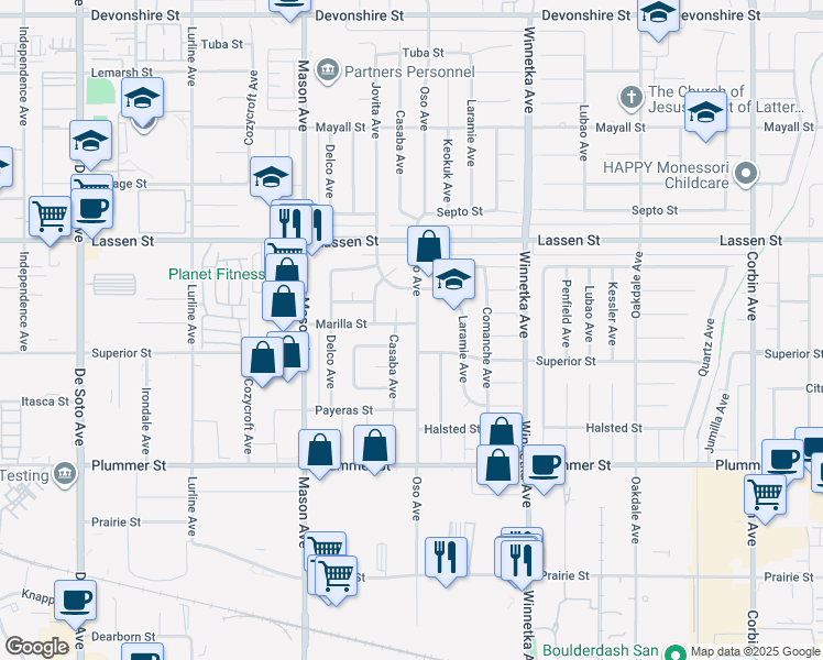map of restaurants, bars, coffee shops, grocery stores, and more near 9678 Oso Avenue in Los Angeles
