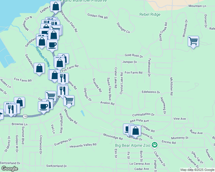 map of restaurants, bars, coffee shops, grocery stores, and more near 326 Santa Clara Boulevard in Big Bear Lake