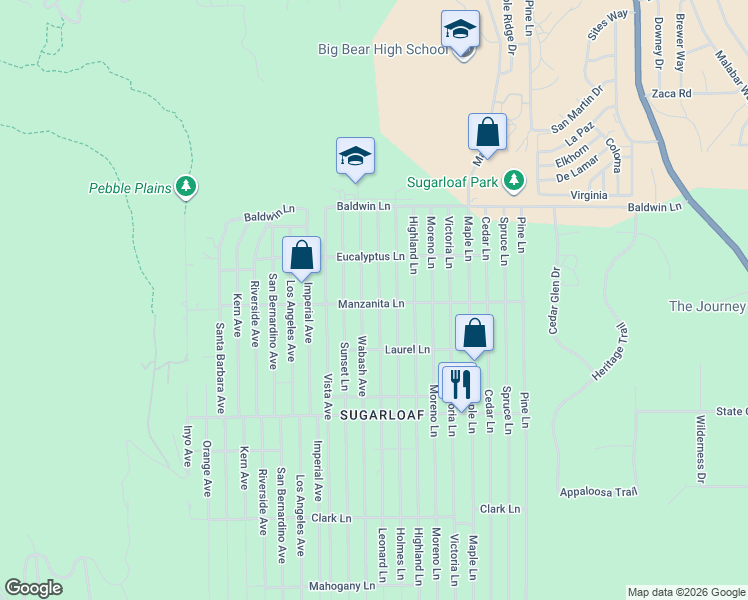 map of restaurants, bars, coffee shops, grocery stores, and more near 284 Leonard Lane in Big Bear