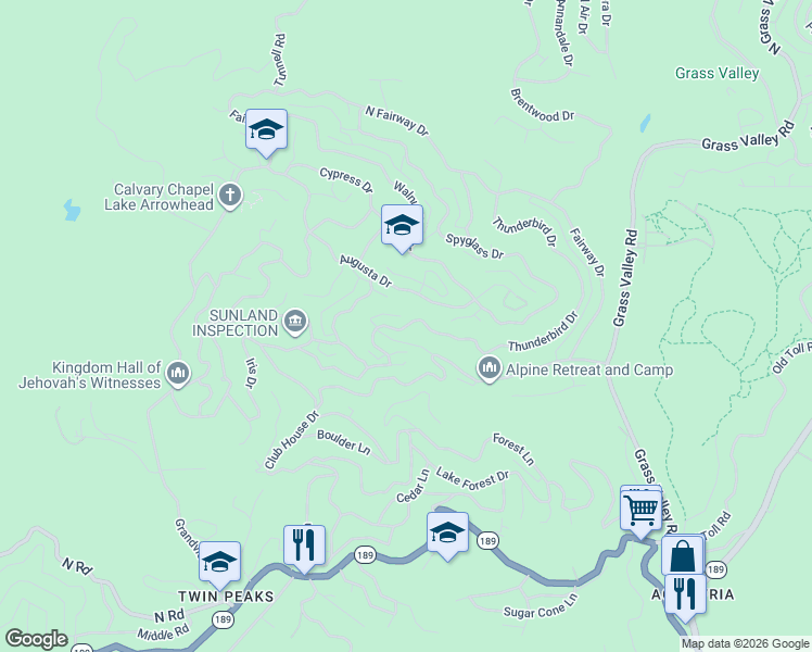 map of restaurants, bars, coffee shops, grocery stores, and more near 26237 Thunderbird Drive in Lake Arrowhead