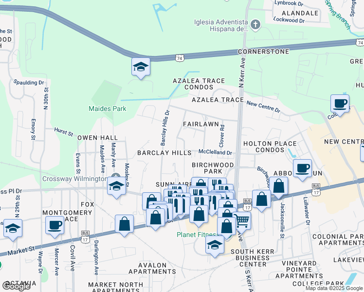map of restaurants, bars, coffee shops, grocery stores, and more near 407 Saint Rosea Road in Wilmington