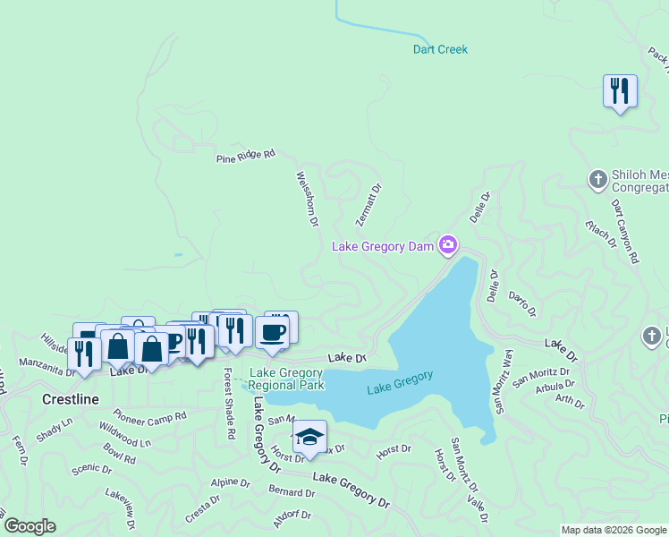 map of restaurants, bars, coffee shops, grocery stores, and more near 332 Wylerhorn Drive in Crestline