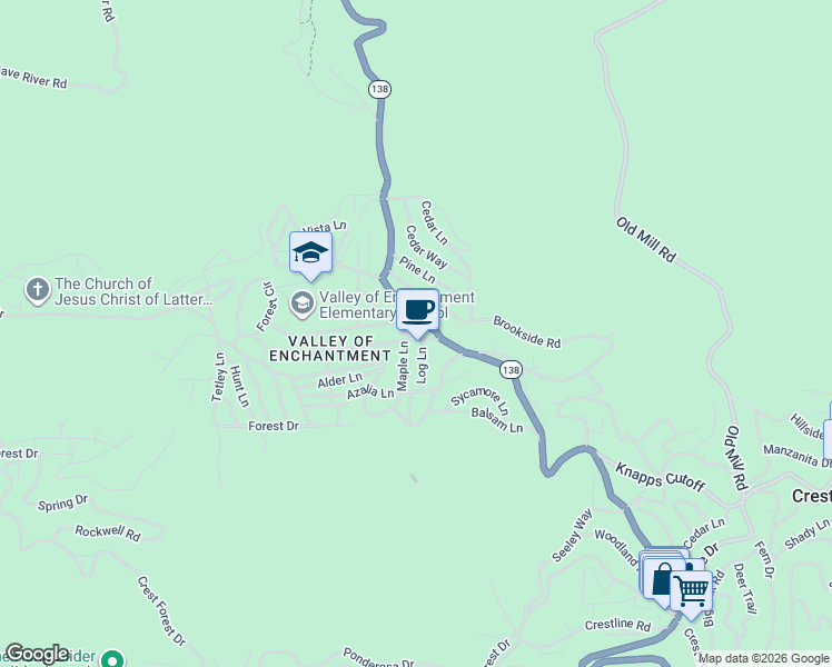 map of restaurants, bars, coffee shops, grocery stores, and more near 23026 Waters Drive in Crestline