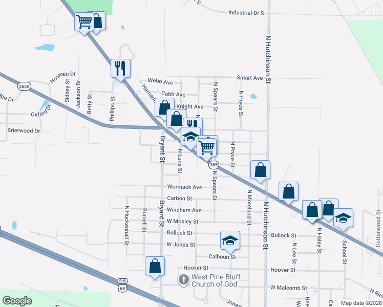 map of restaurants, bars, coffee shops, grocery stores, and more near 5724 Dollarway Road in Pine Bluff