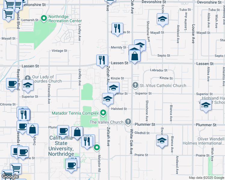 map of restaurants, bars, coffee shops, grocery stores, and more near 9710 Zelzah Avenue in Los Angeles