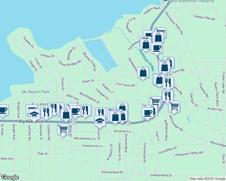 map of restaurants, bars, coffee shops, grocery stores, and more near 299 Andes Lane in Big Bear Lake