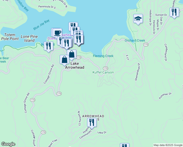 map of restaurants, bars, coffee shops, grocery stores, and more near 395 Primrose Circle in Lake Arrowhead