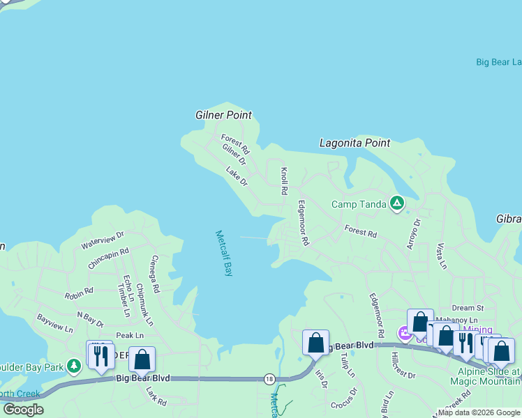 map of restaurants, bars, coffee shops, grocery stores, and more near 39615 Lake Drive in Big Bear Lake