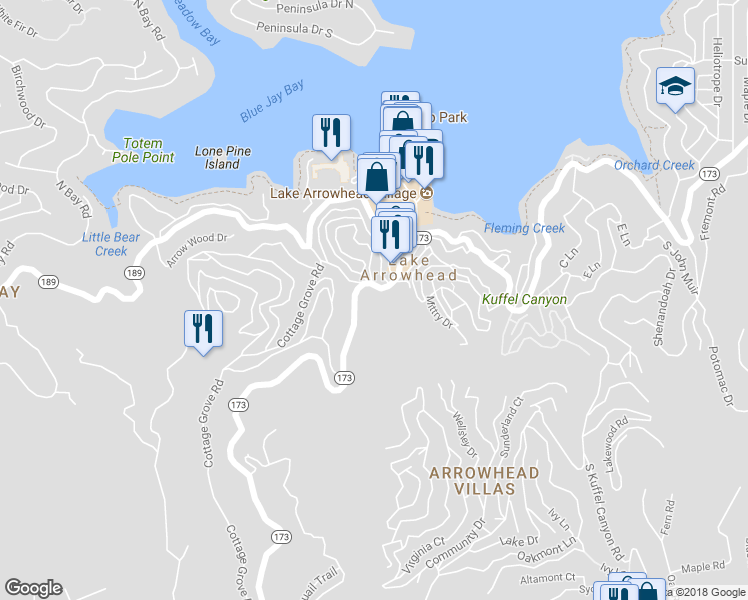 map of restaurants, bars, coffee shops, grocery stores, and more near 351 Highway 173 in Lake Arrowhead