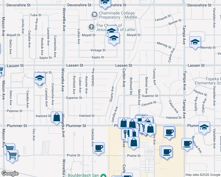 map of restaurants, bars, coffee shops, grocery stores, and more near 9739 Quartz Avenue in Los Angeles