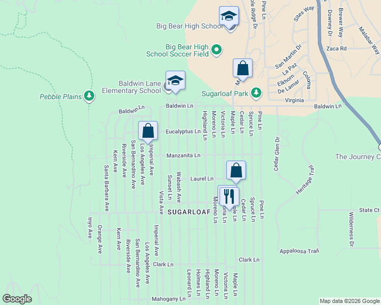 map of restaurants, bars, coffee shops, grocery stores, and more near 281 Leonard Lane in Big Bear