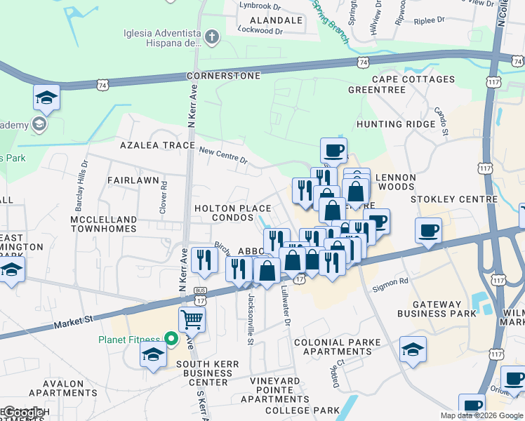 map of restaurants, bars, coffee shops, grocery stores, and more near 511 Cobblestone Drive in Wilmington