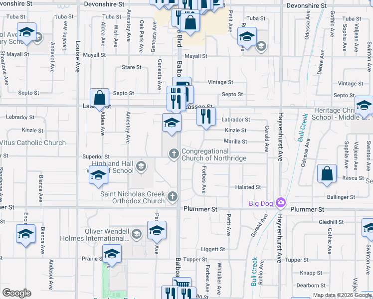 map of restaurants, bars, coffee shops, grocery stores, and more near 16938 Citronia Street in Los Angeles