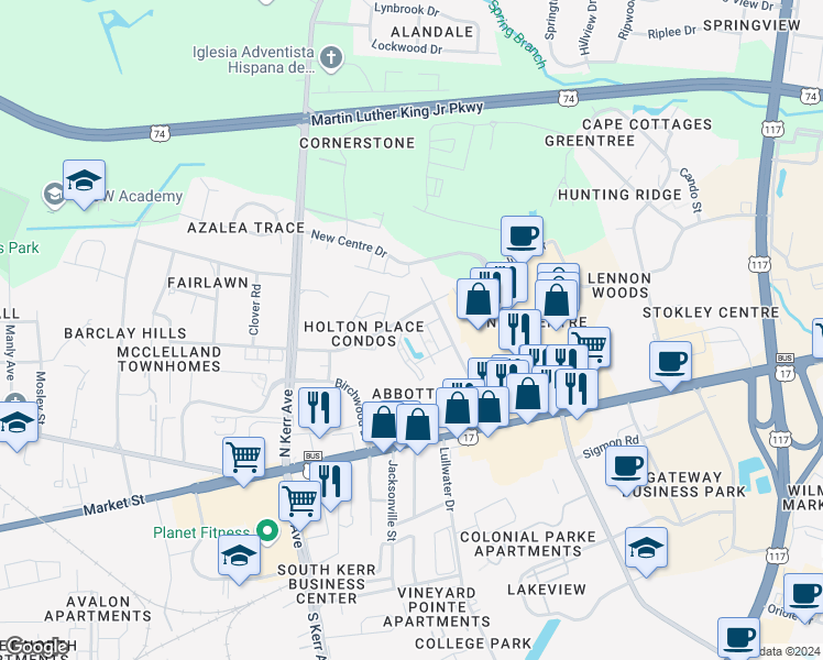 map of restaurants, bars, coffee shops, grocery stores, and more near 509 Cobblestone Drive in Wilmington