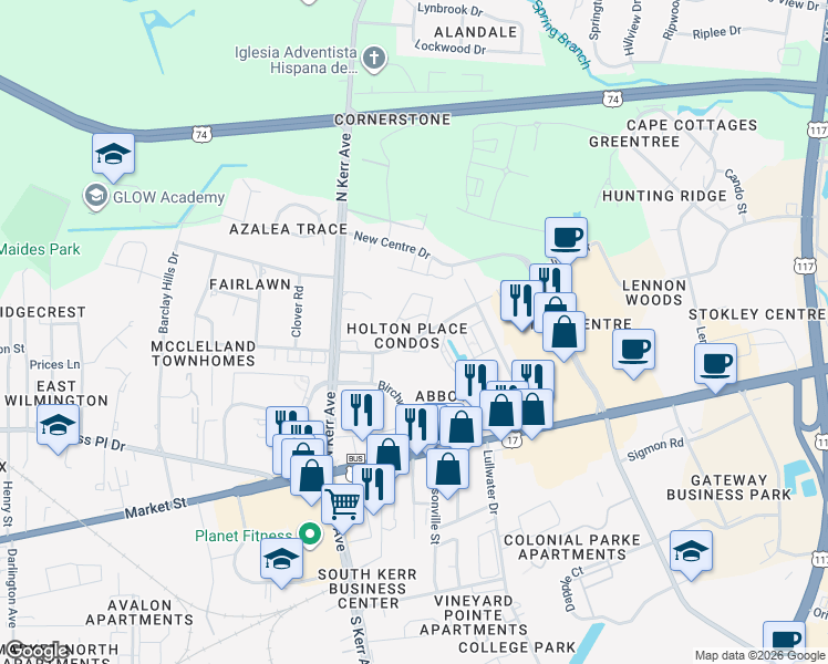 map of restaurants, bars, coffee shops, grocery stores, and more near 4610 McClelland Drive in Wilmington