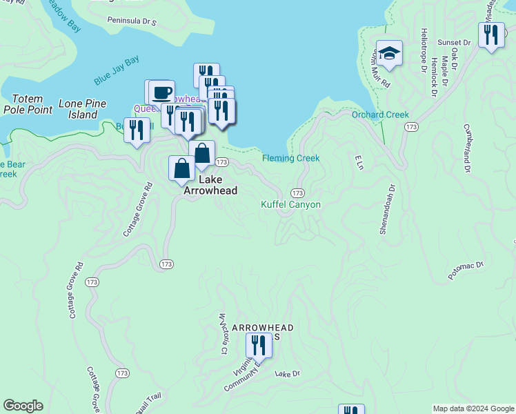 map of restaurants, bars, coffee shops, grocery stores, and more near 395 Primrose Circle in Lake Arrowhead