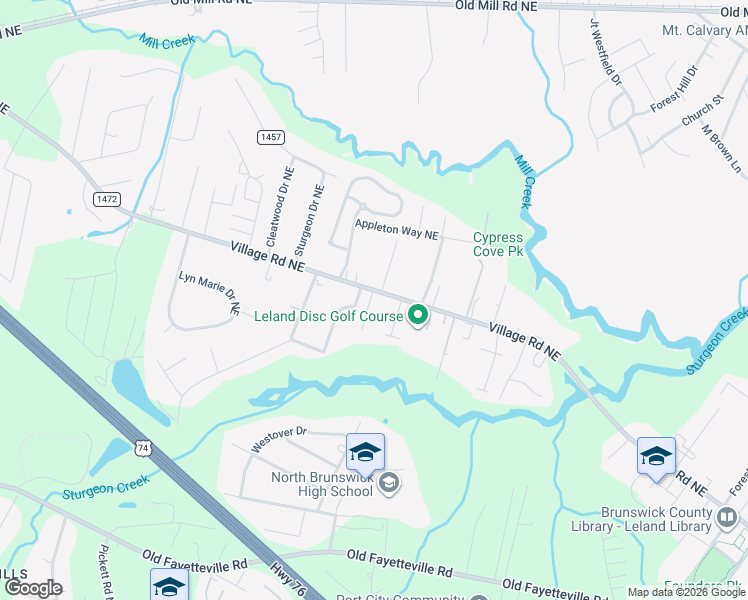 map of restaurants, bars, coffee shops, grocery stores, and more near 927 Village Road Northeast in Leland