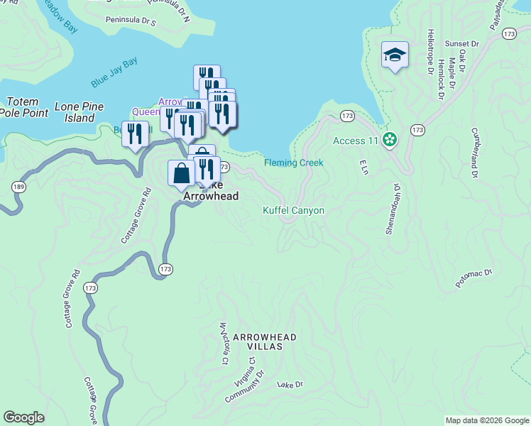 map of restaurants, bars, coffee shops, grocery stores, and more near 382 Primrose Circle in Lake Arrowhead