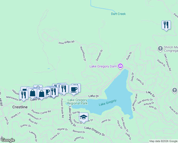 map of restaurants, bars, coffee shops, grocery stores, and more near 332 Wylerhorn Drive in Crestline