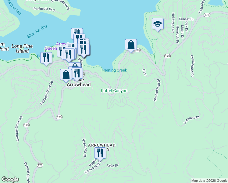 map of restaurants, bars, coffee shops, grocery stores, and more near in Lake Arrowhead