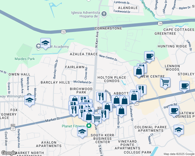 map of restaurants, bars, coffee shops, grocery stores, and more near 416 North Kerr Avenue in Wilmington