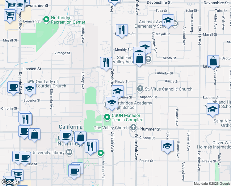 map of restaurants, bars, coffee shops, grocery stores, and more near 9650 Zelzah Avenue in Los Angeles