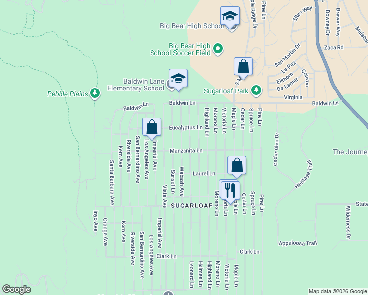 map of restaurants, bars, coffee shops, grocery stores, and more near 277 Wabash Avenue in Big Bear