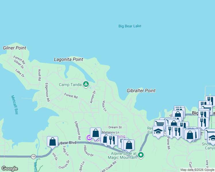 map of restaurants, bars, coffee shops, grocery stores, and more near 40116 Lakeview Drive in Big Bear Lake