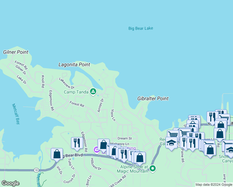 map of restaurants, bars, coffee shops, grocery stores, and more near 40153 Lakeview Drive in Big Bear Lake