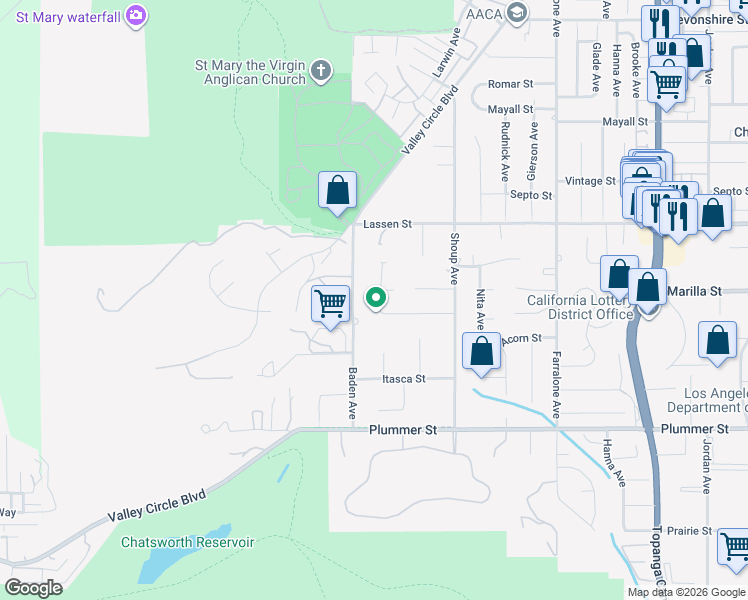 map of restaurants, bars, coffee shops, grocery stores, and more near 9733 Kentland Avenue in Los Angeles